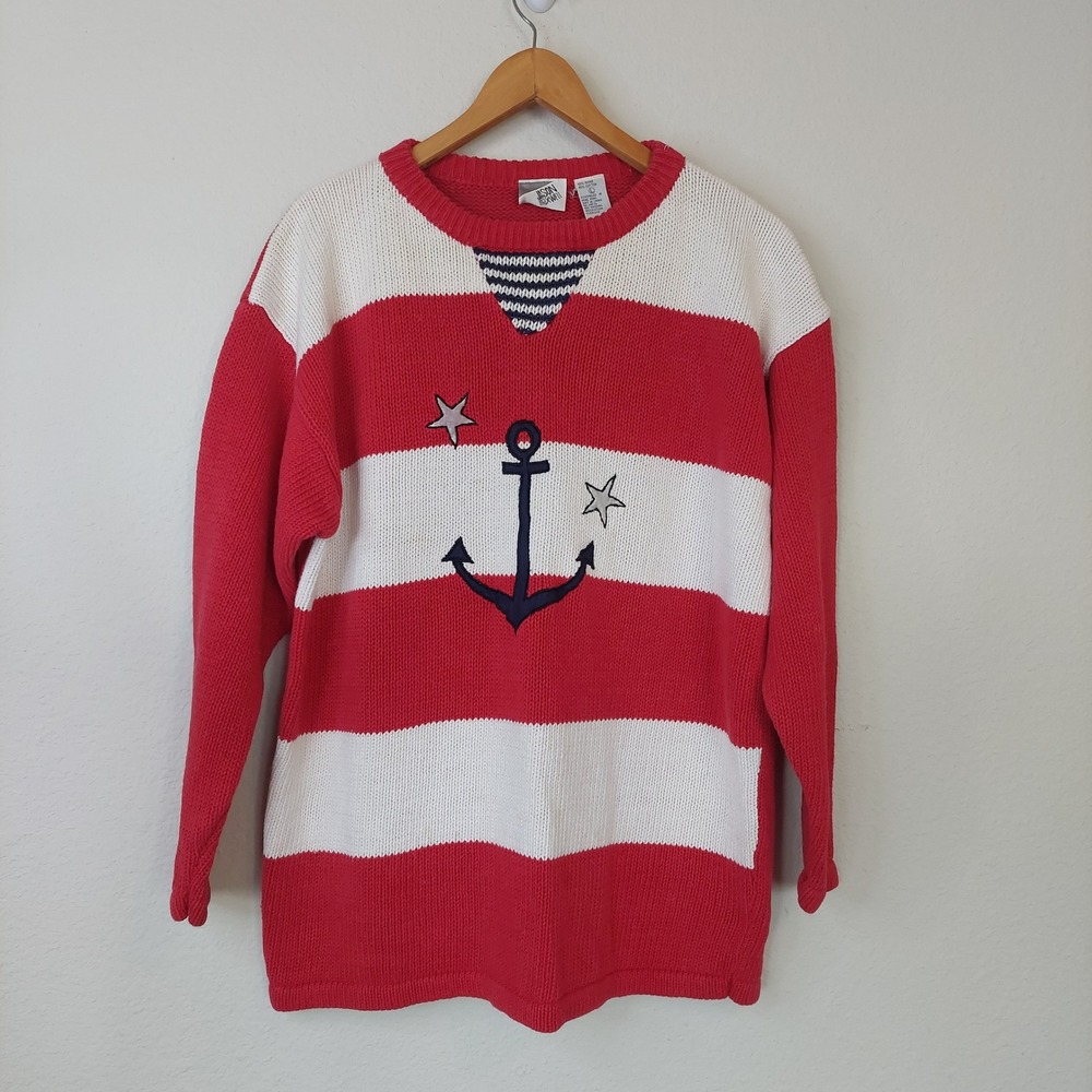 Vintage Jason Maxwell Red White Striped Anchor Nautical‎ Sweater Size Large